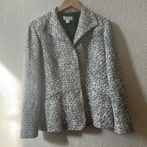 Talbots Tweed Blazer Cotton/Silk Size 12 Faux Pockets 5 Button Black White